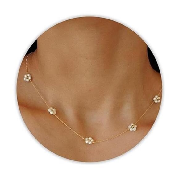 Dainty Pearl Necklace  14k Gold Plated Daisy Pearl Choker Stainless Steel - Picture 8 of 8